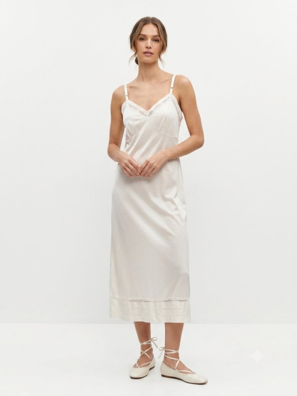 Vintage Lorraine Slip Dress Ivory Midi Sleeveless Sateen Babydoll 44T (18/20/1XT